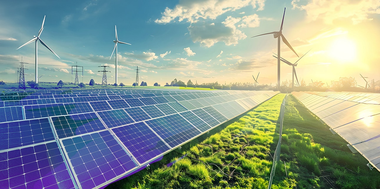 image of a solar and wind field with the sun low in the sky and vegetation on the ground.
